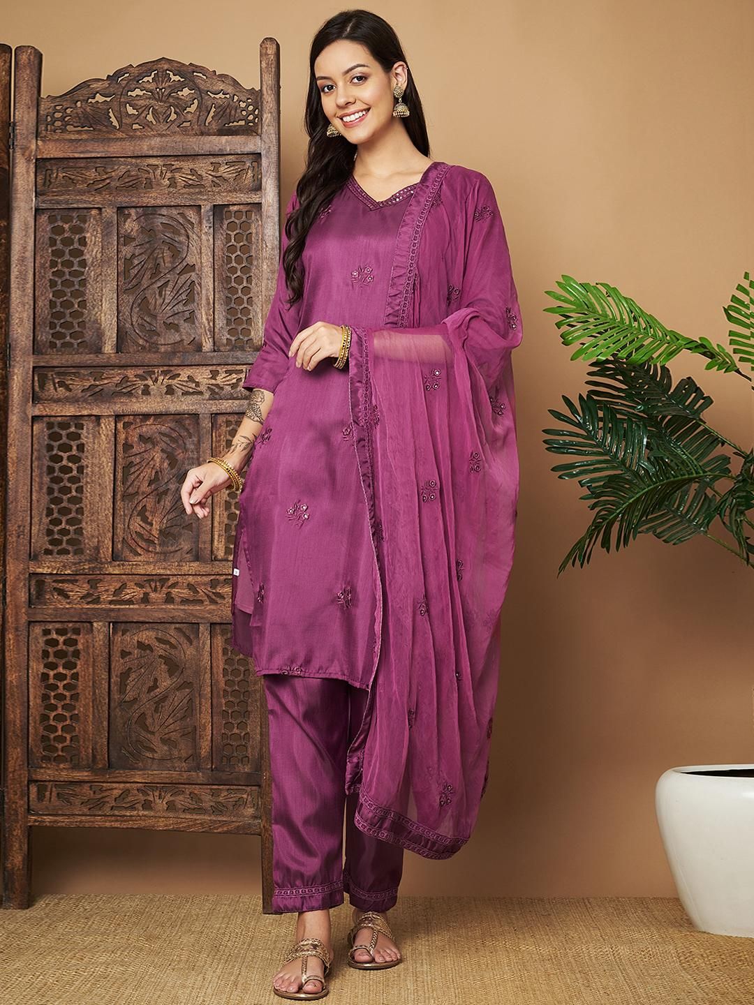 Women Embroidered Straight Kurta Set with Dupatta