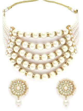 Karatcart Pearl Multilayer Beaded Kundan Choker Necklace Set for Women