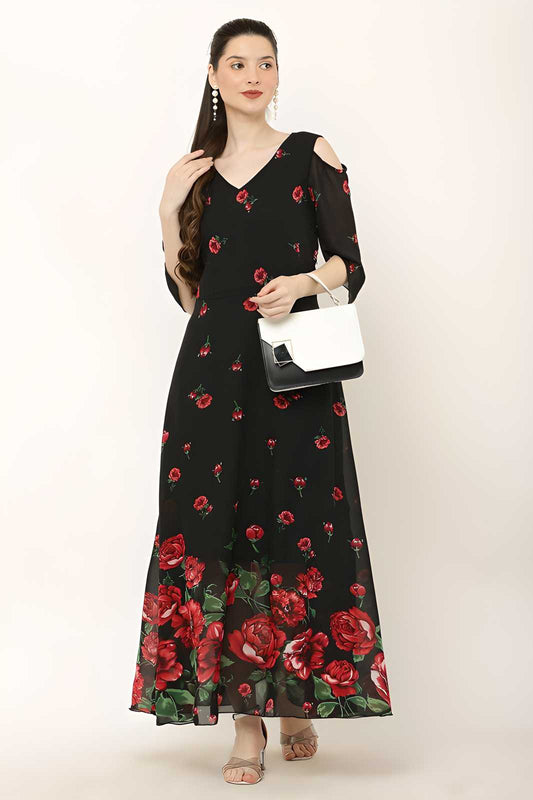 Vivient Women's Floral Print V-Neck Georgette Maxi Dress